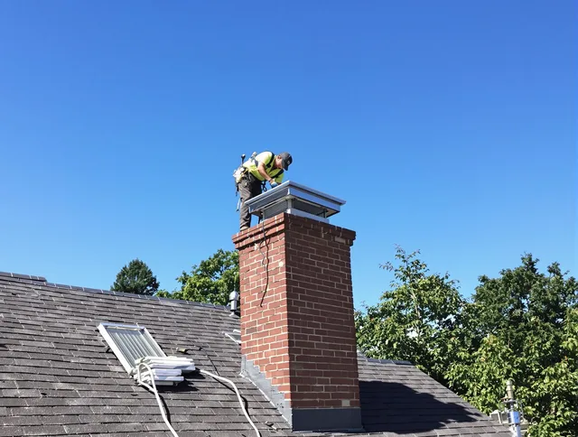 Indian Trail Chimney Sweep technician measuring a chimney cap in Indian Trail, NC