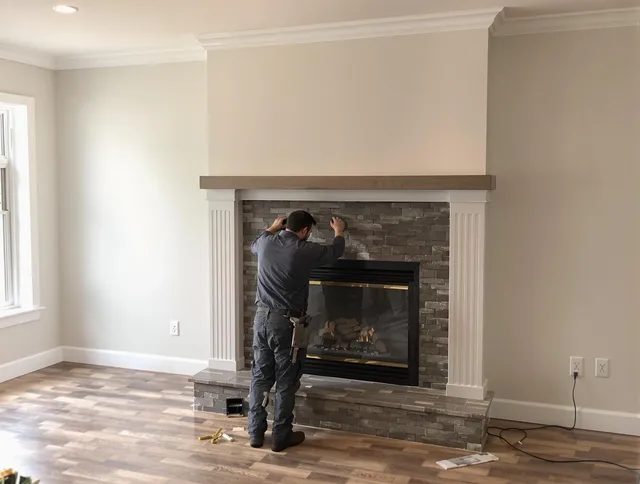 Indian Trail Chimney Sweep finishing a custom fireplace install in Indian Trail, NC